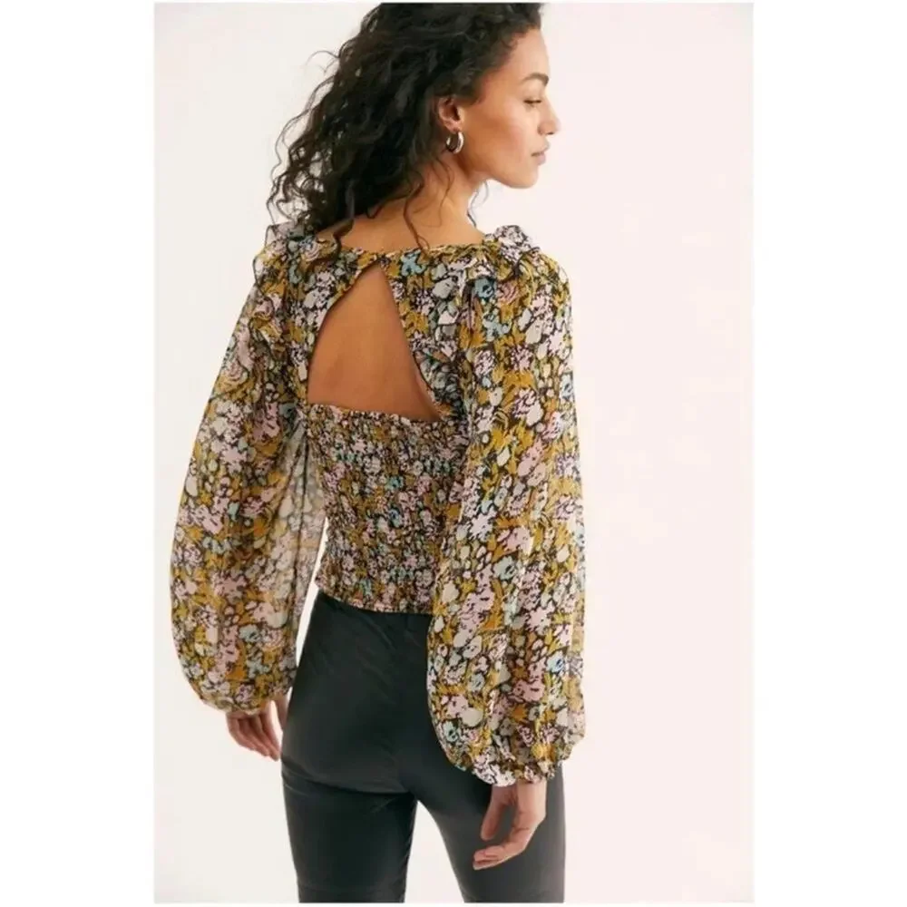 Free People Mabel Lace-Up Top XS Blouse Smocked Floral Bohemian Long Puff Sleeve